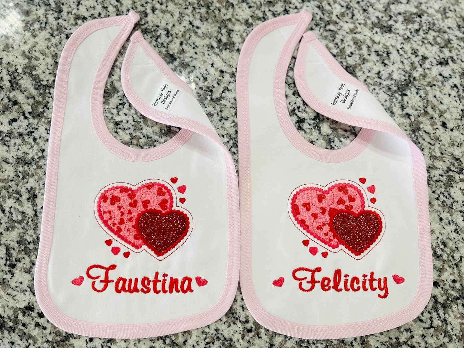 Valentines Day Baby Girl Bib with Sparkle Hearts and Name