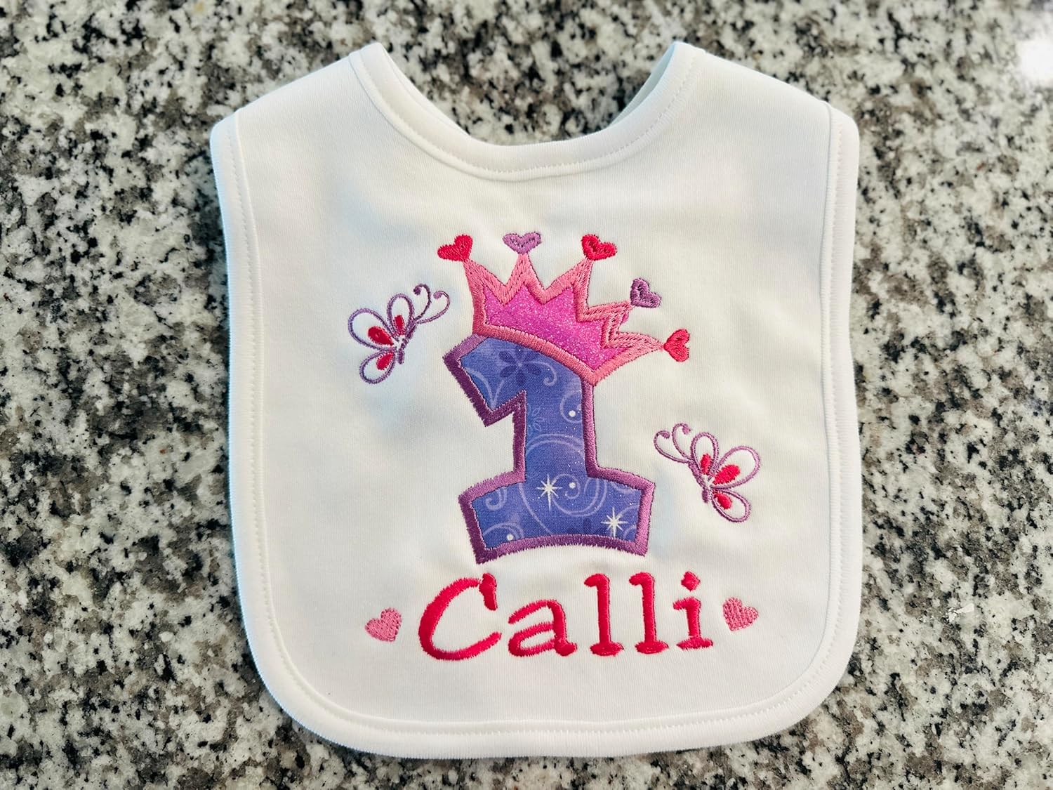 First Birthday Girl Bib with Custom Name Princess Crown 1