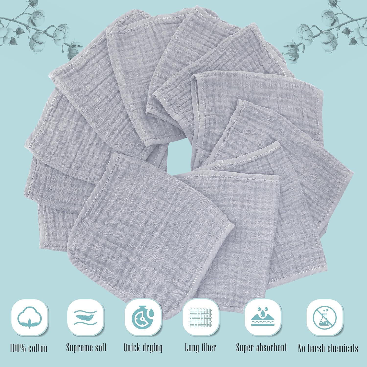 Cute Castle 12 Pack Muslin Burp Cloths - 20x10 Ultra Soft Cotton