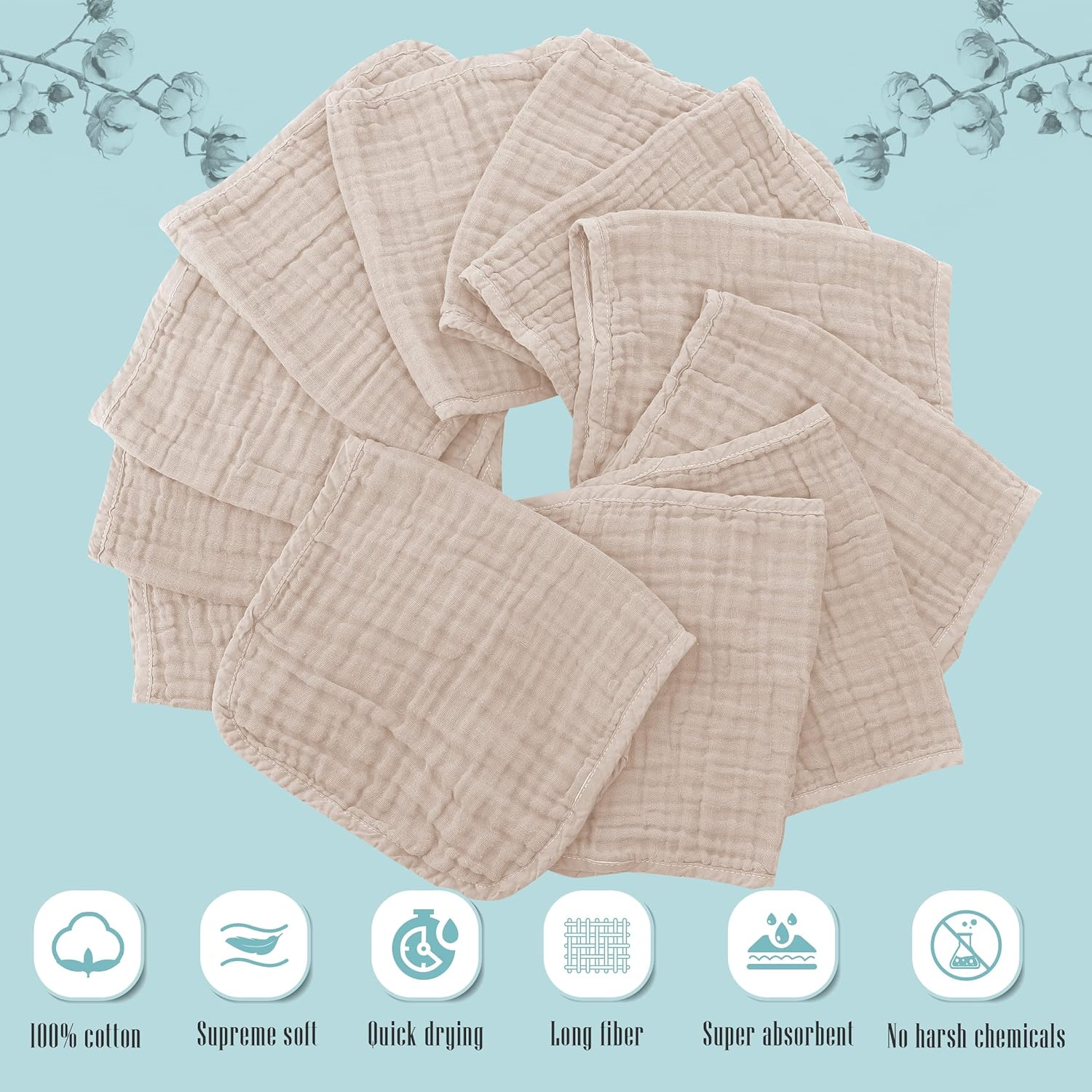 24 Pack Muslin Burp Cloths - Ultra Soft 100 Cotton Brown