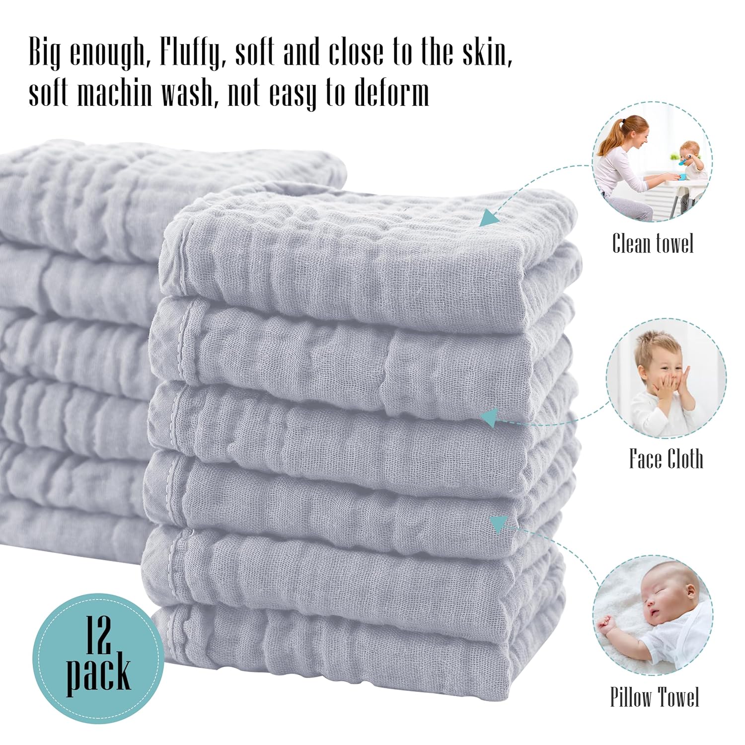Cute Castle 12 Pack Muslin Burp Cloths - 20x10 Ultra Soft Cotton