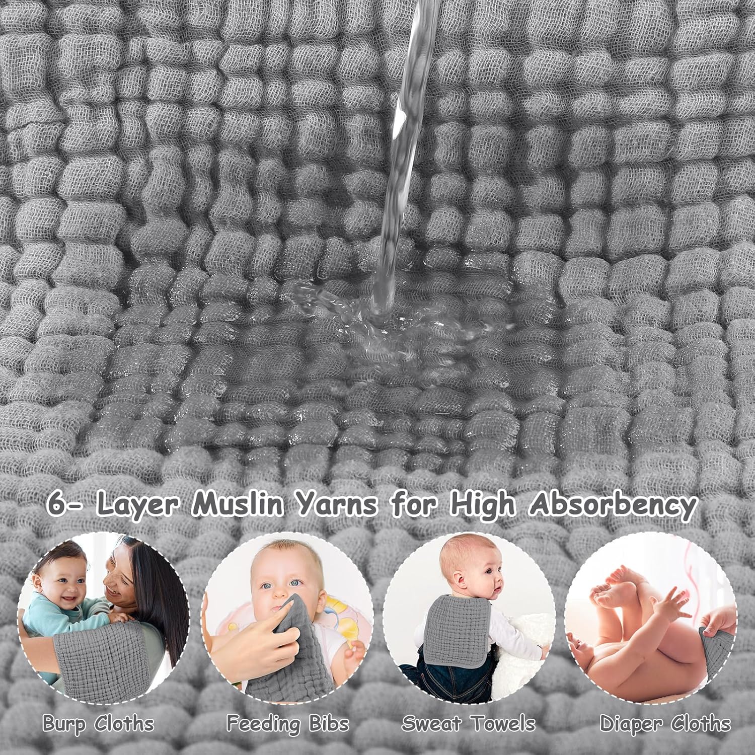 Looxii Muslin Burp Cloths 6 Pack Grey 20x10 Inch