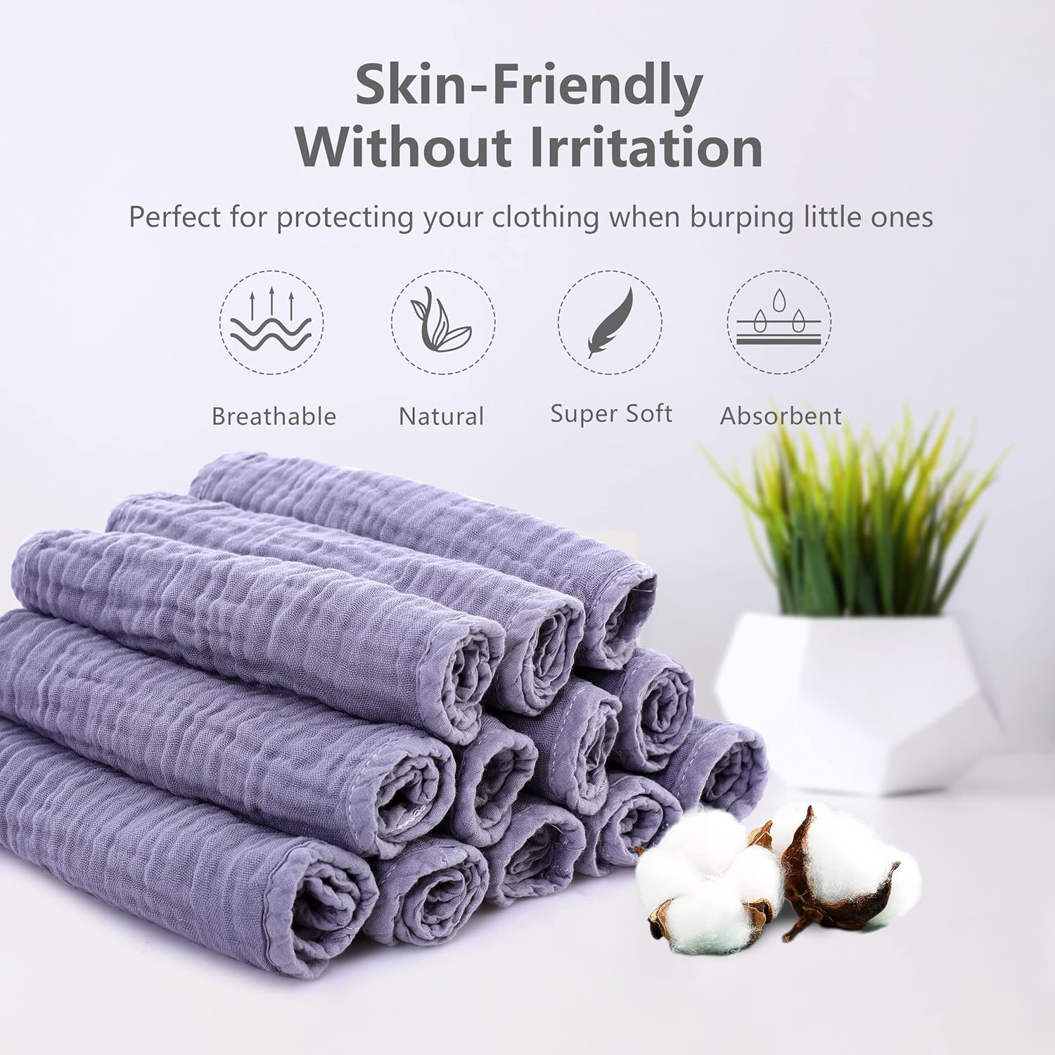 Sweet Dolphin 12 Pack Muslin Burp Cloths - 20x10 Grey