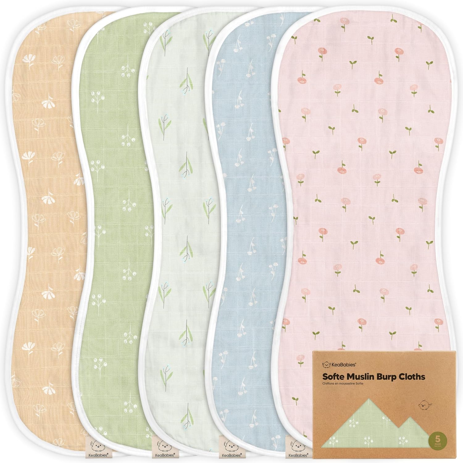 KeaBabies 5-Pack Muslin Burp Cloths - Wild Bloom