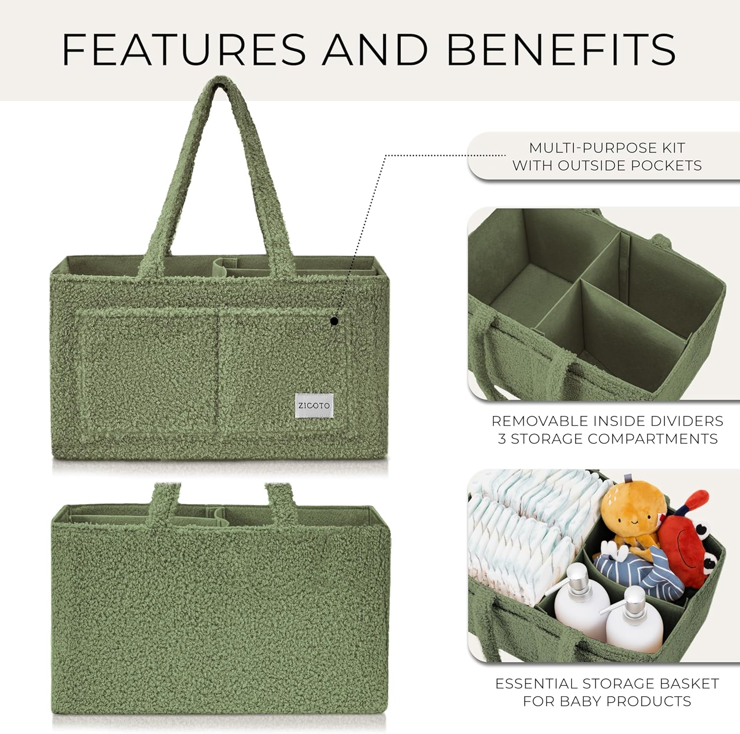 ZICOTO Baby Caddy Organizer - 3 Compartment Storage Basket